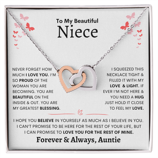 Niece Necklace - You are Beautiful Inside and Out - Interlocking Heart  WB butterflies